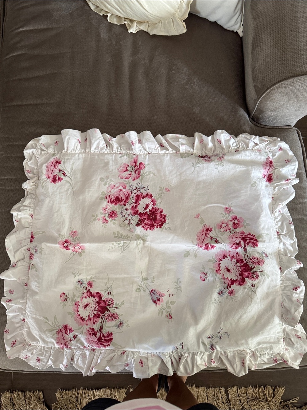 Simply Shabby Chic Floral Ruffle Pillow Sham in Pink and White